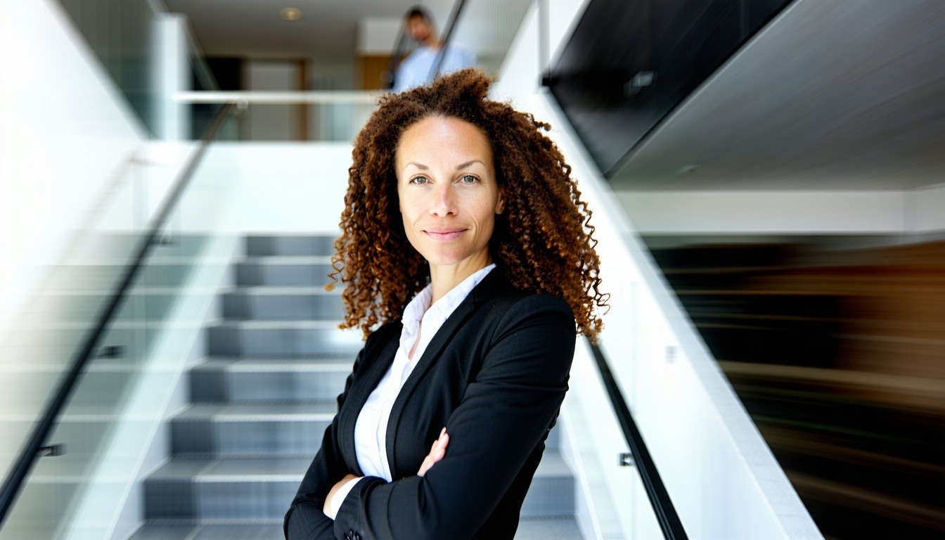 a brown curly haired female executive standing confidently at the bottom of a staircase in modern office environment background blurred by speed-3