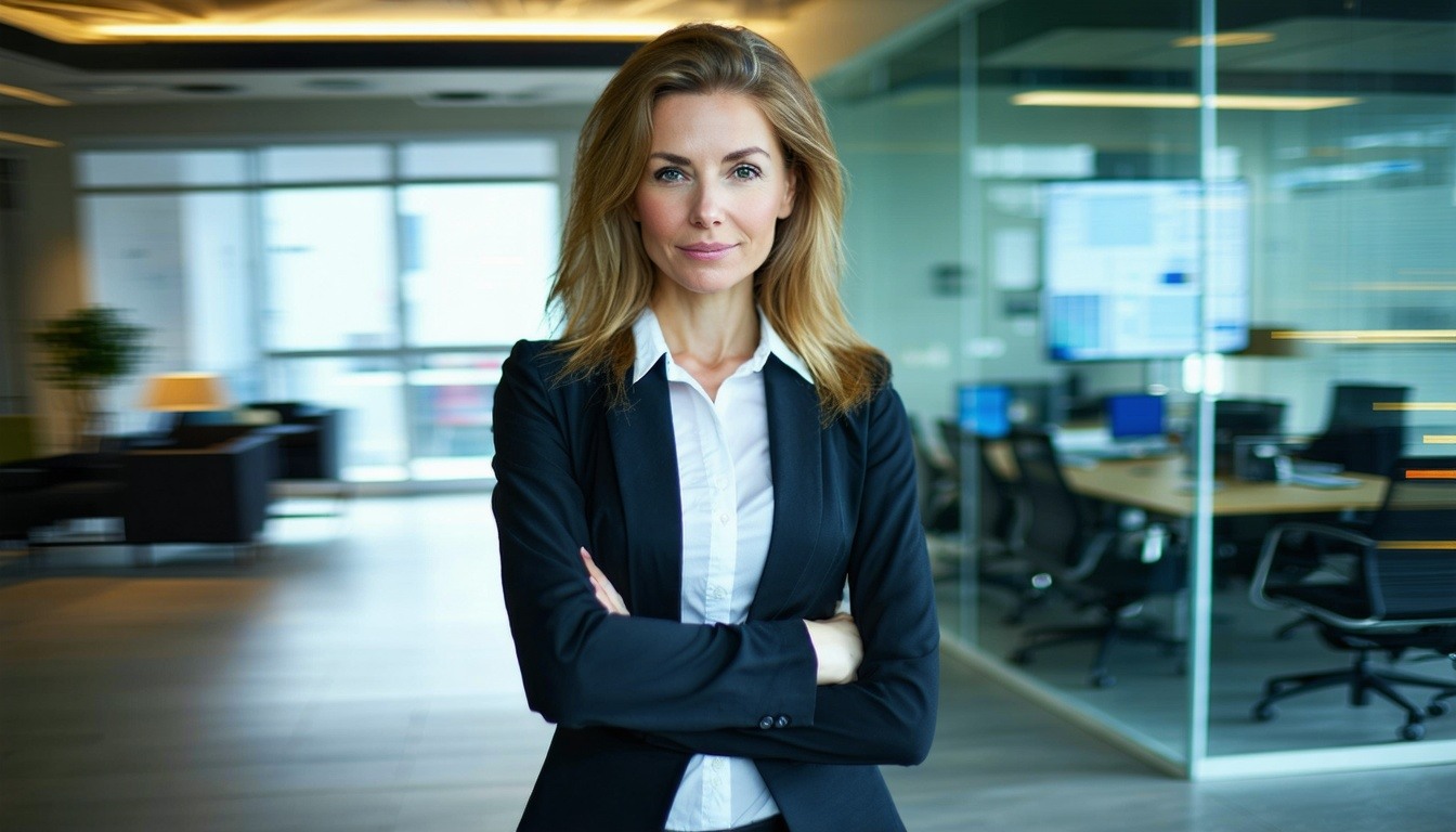 a female executive standing confidently against a corporate office interior background blurred by speed-1