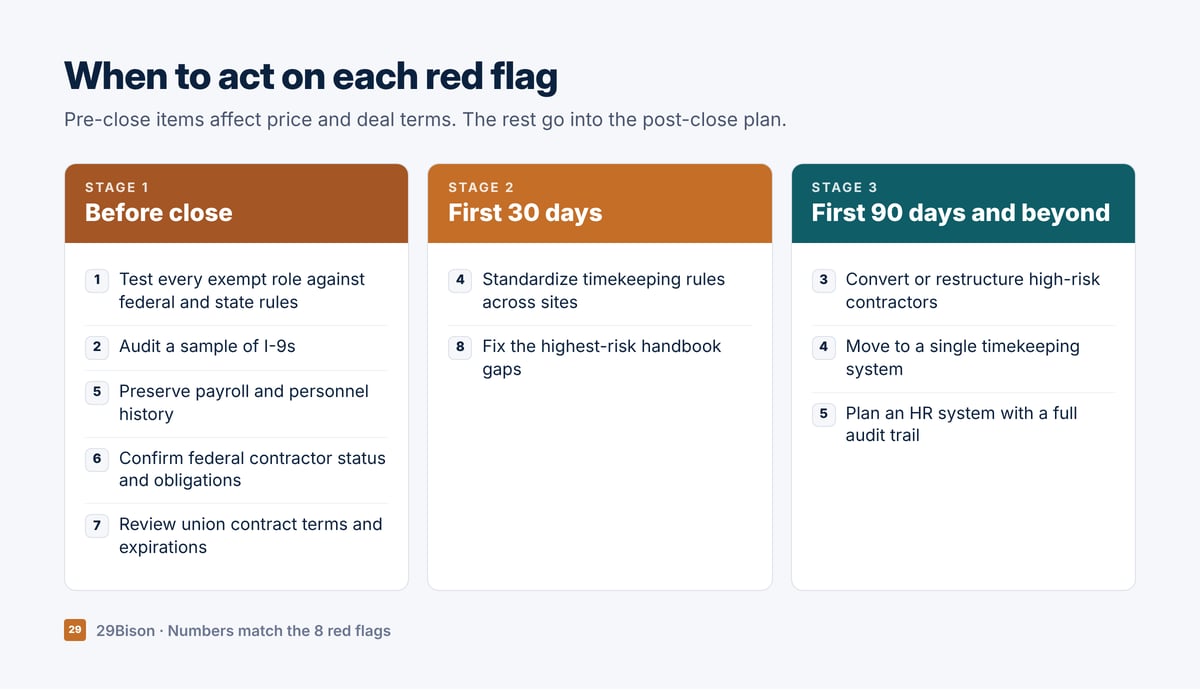 When to act on each HR due diligence red flag: before close, in the first 30 days, and in the first 90 days
